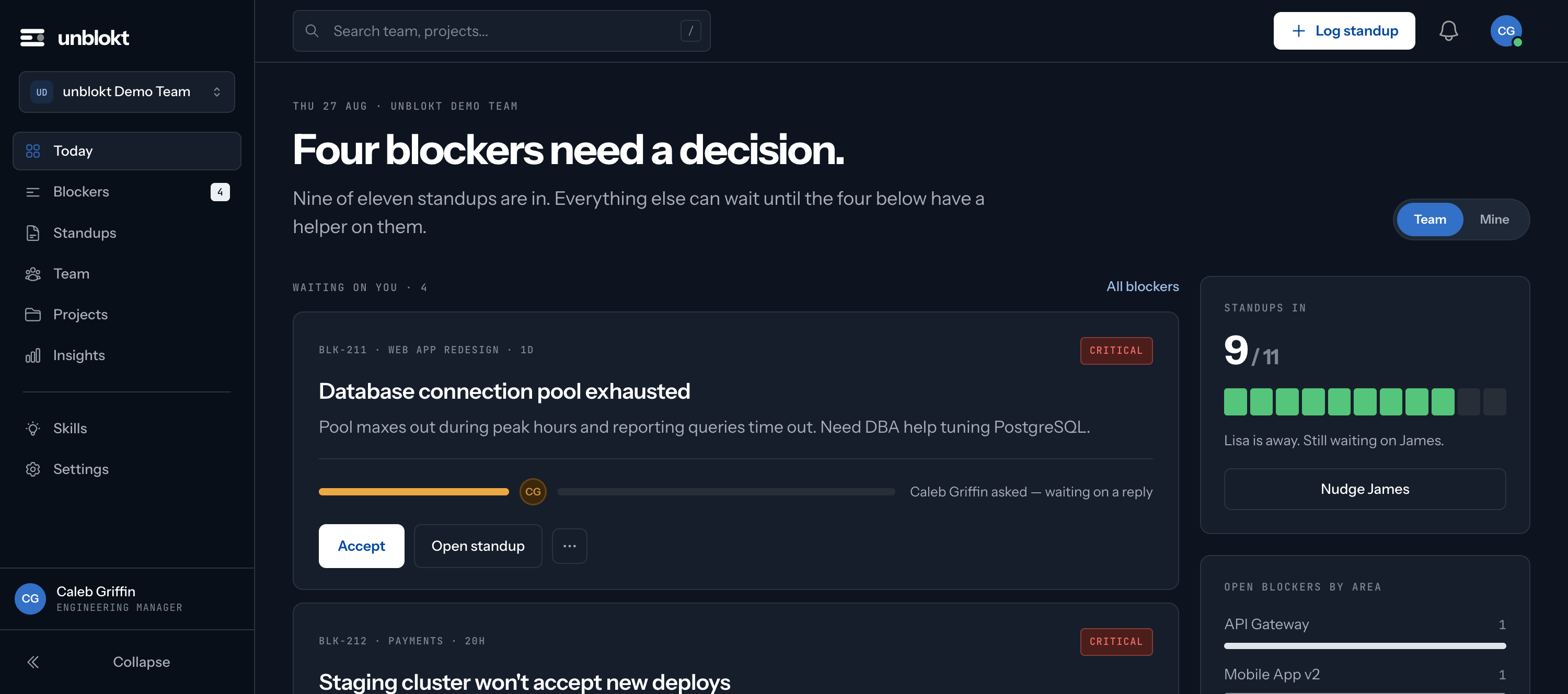 The unblokt dashboard: four blockers waiting on a decision, with the helper matched to each one