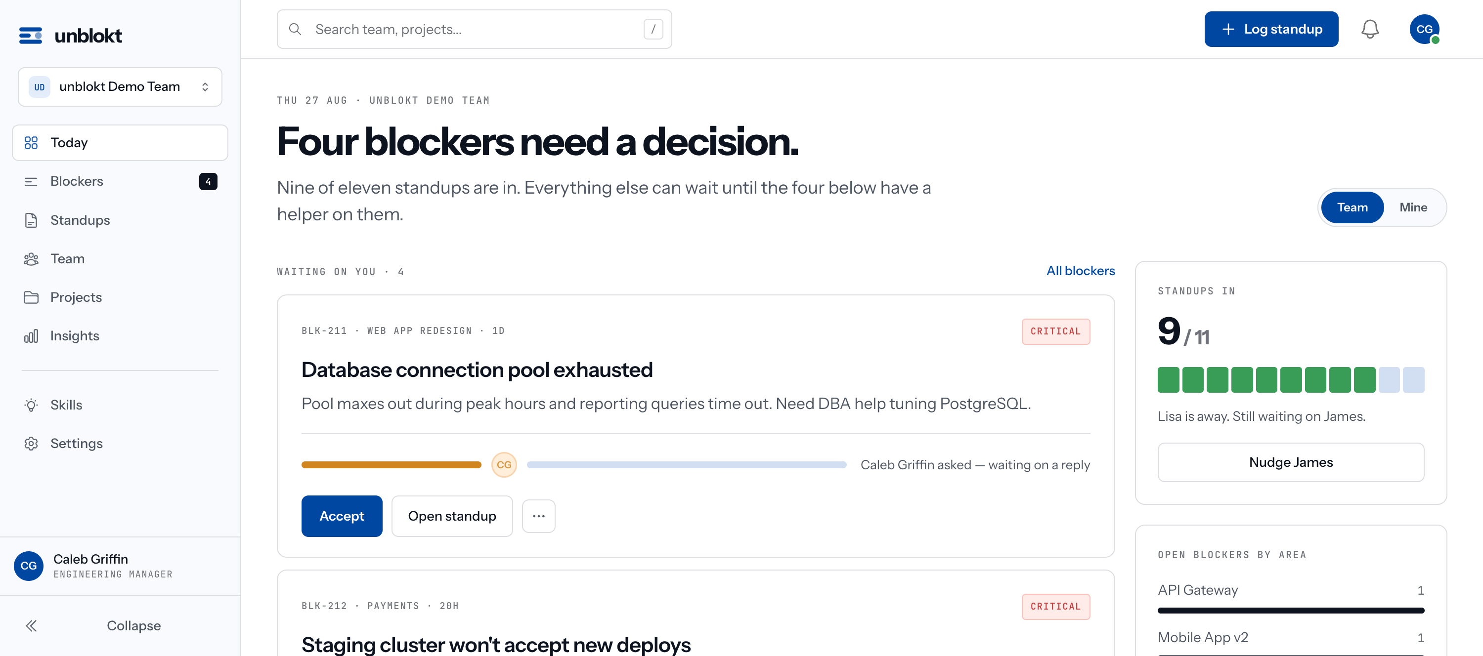 The unblokt dashboard: four blockers waiting on a decision, with the helper matched to each one